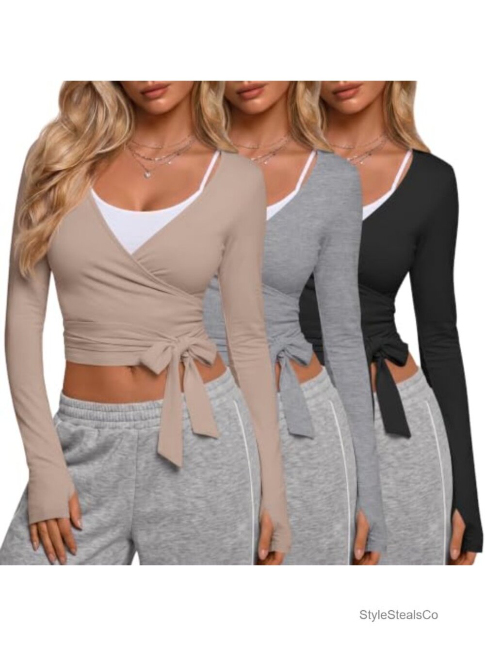 Womens Cotton Blend Pilates Wrap Top Thumb Holes Tie Front 3 Pack